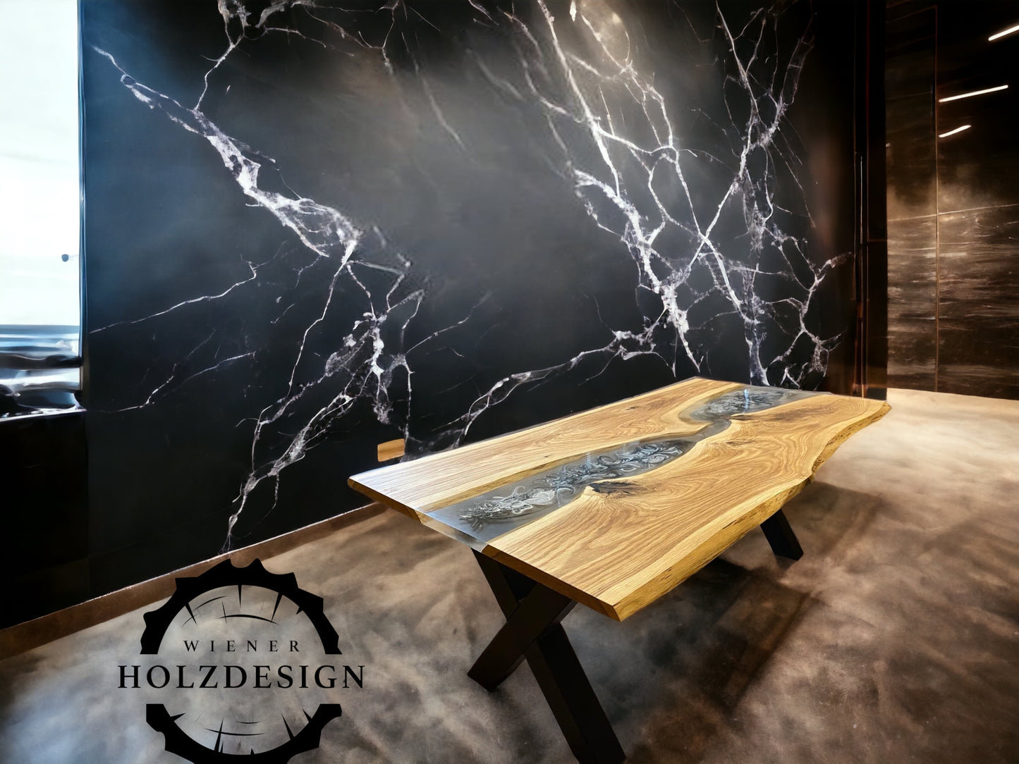 Couchtisch aus massiver Eiche mit transparentem Epoxidharzmuster