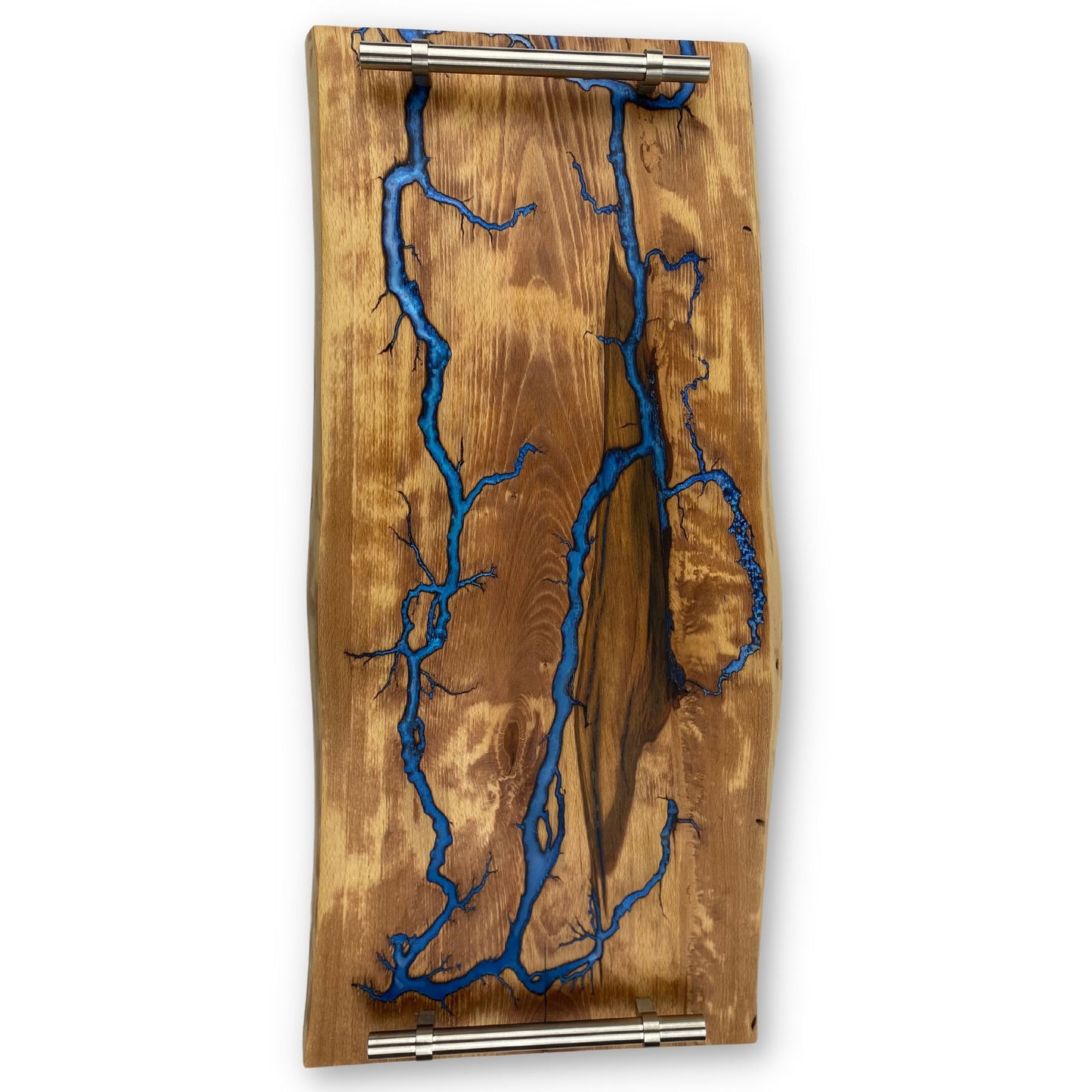 Serviertablett aus gestockter Buche mit Lichtenberg Figuren in Blau