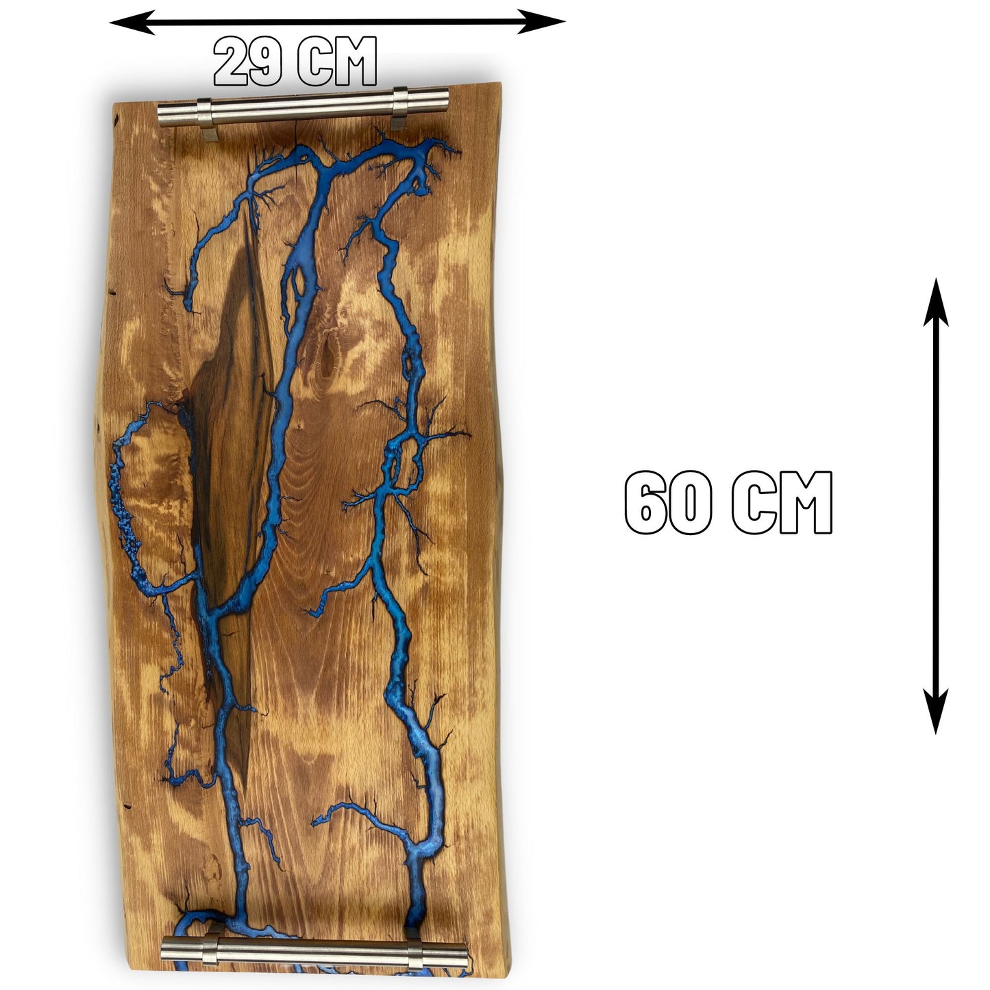 Serviertablett aus gestockter Buche mit Lichtenberg Figuren in Blau
