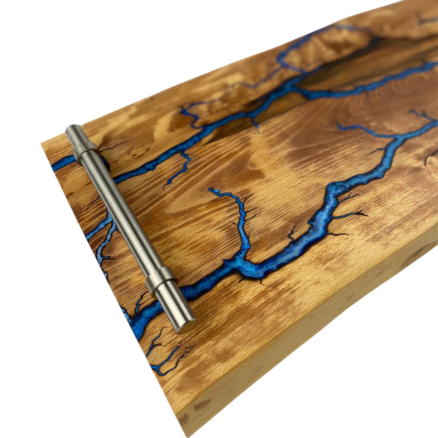 Serviertablett aus gestockter Buche mit Lichtenberg Figuren in Blau