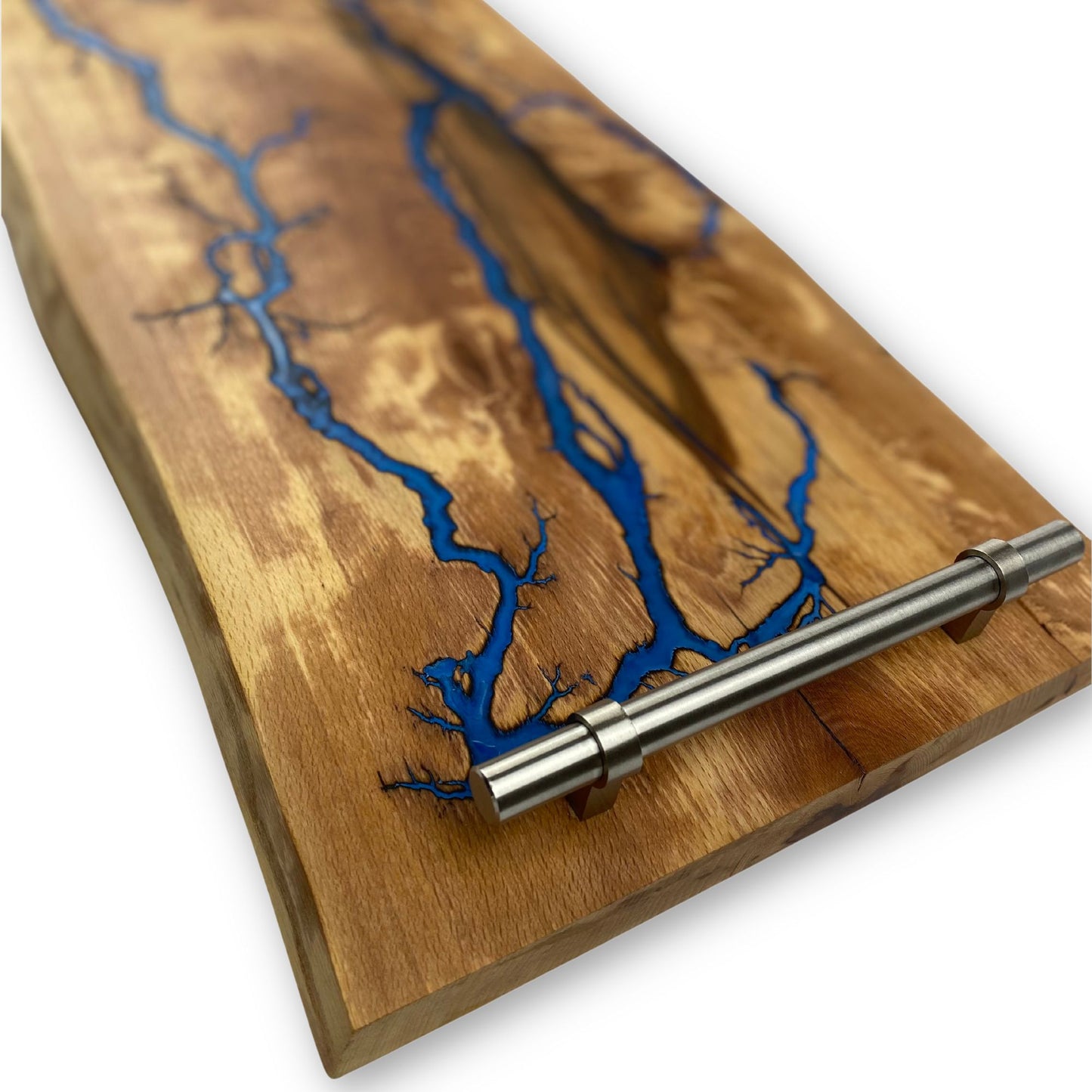 Serviertablett aus gestockter Buche mit Lichtenberg Figuren in Blau