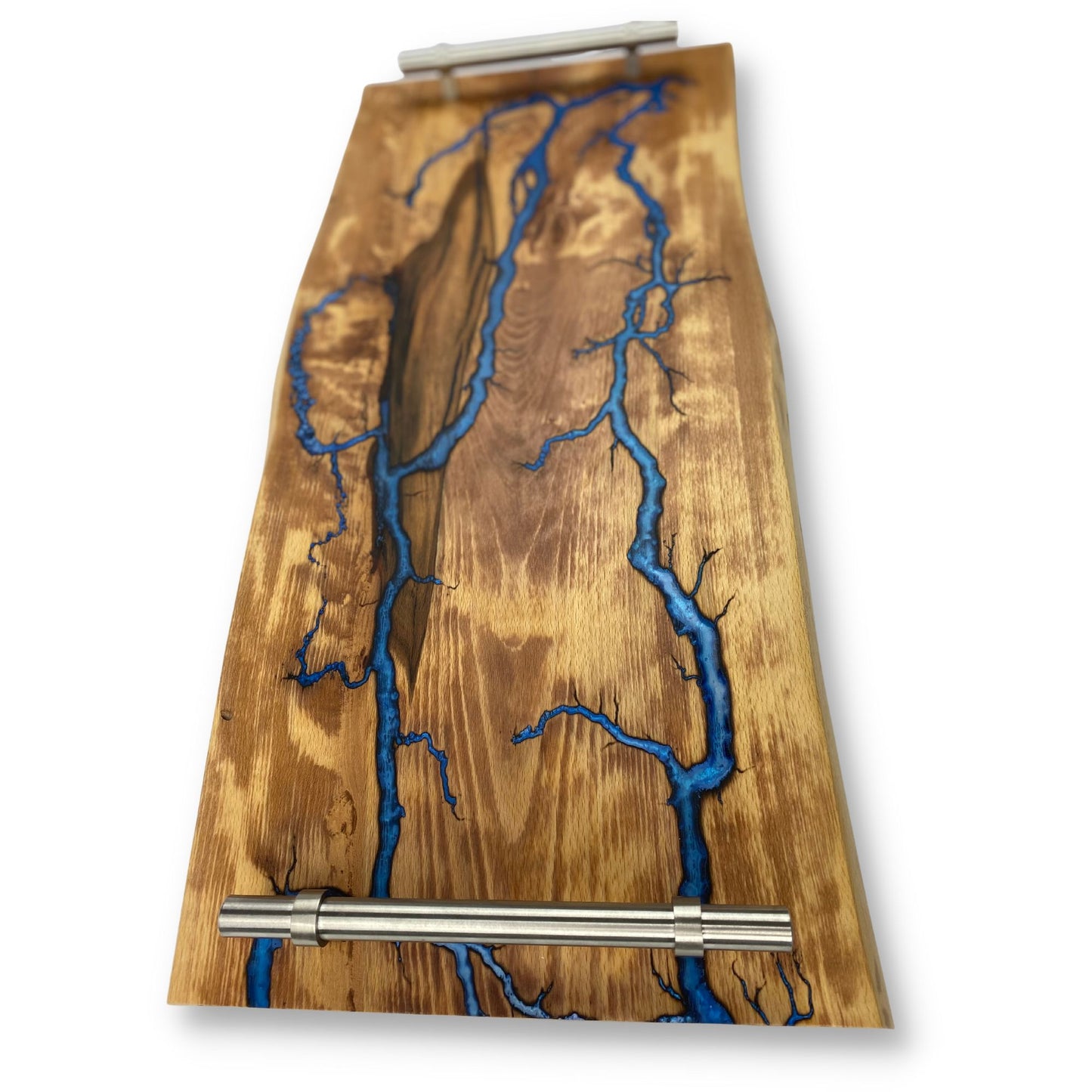 Serviertablett aus gestockter Buche mit Lichtenberg Figuren in Blau