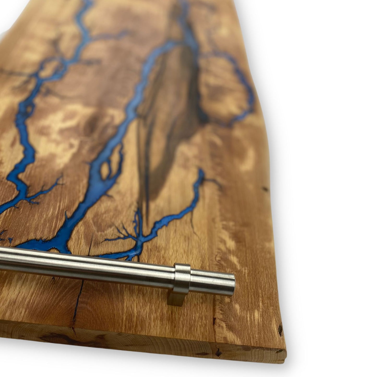 Serviertablett aus gestockter Buche mit Lichtenberg Figuren in Blau