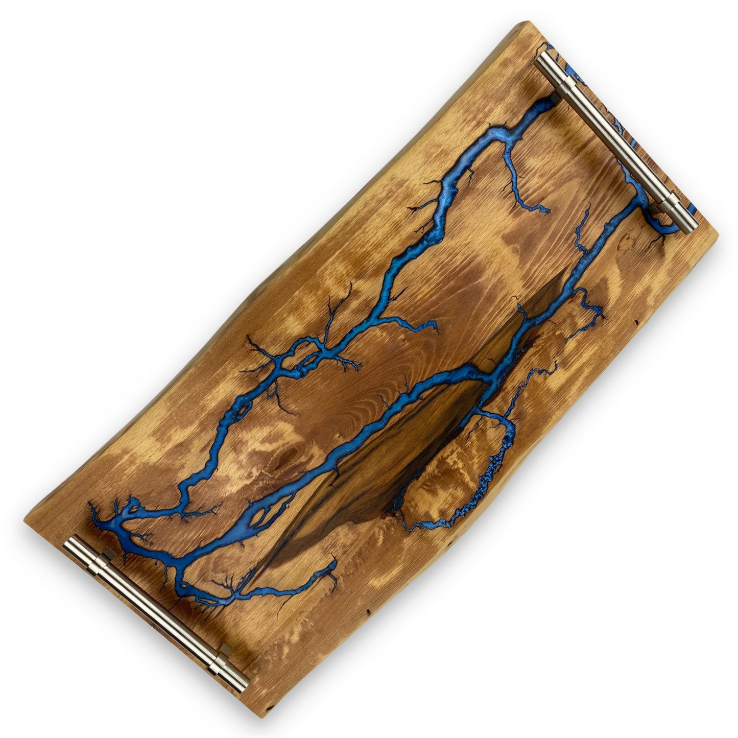 Serviertablett aus gestockter Buche mit Lichtenberg Figuren in Blau