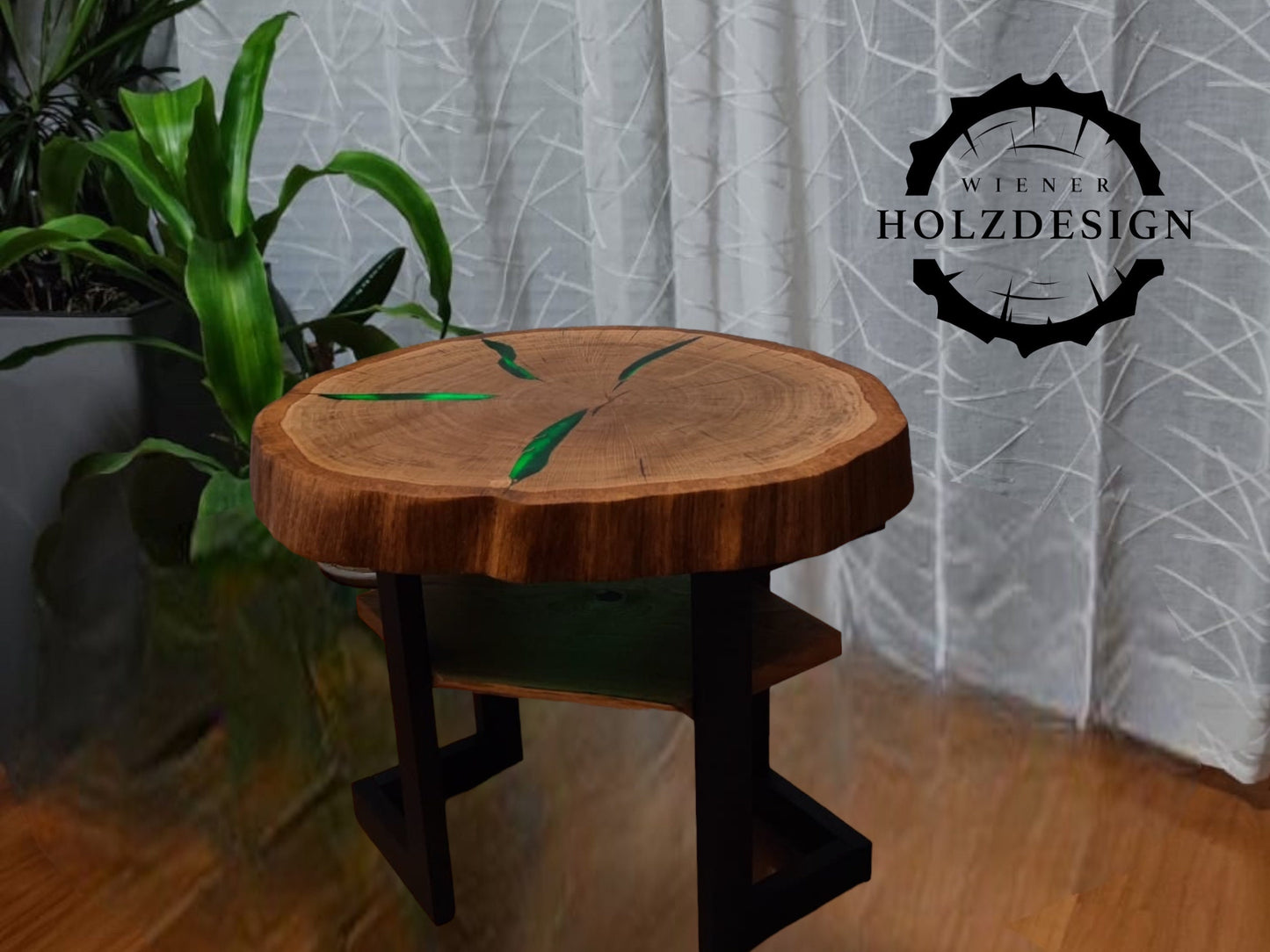 Epoxy Couch Tisch LED Wohnzimmer Beistelltisch Kaffee| Handmade Eichenholz Rund Nachttisch Konsole | Moderner River Epoxytisch Baumscheibe