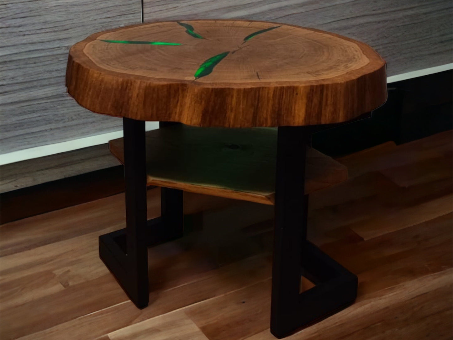 Epoxy Couch Tisch LED Wohnzimmer Beistelltisch Kaffee| Handmade Eichenholz Rund Nachttisch Konsole | Moderner River Epoxytisch Baumscheibe