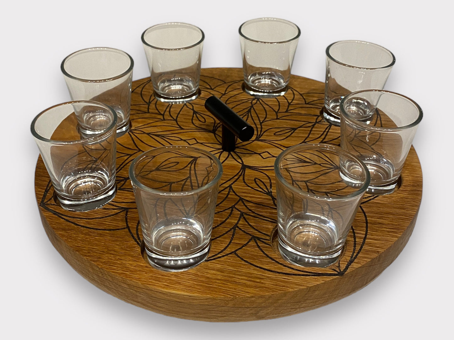 Schnapsglasdrehteller Eiche Holzbrett Shotgläser Mandala Lasergravur | Shotglass Gläser Männergeschenk Trinkspiel Schnapsglas Drehteller