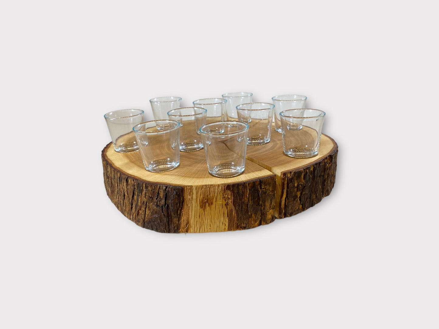 Baumscheibe Schnapsroulette Drehteller Eiche Holzbrett Shotgläser Gläser Männergeschenk Trinkspiel Schnapsglas Schnapsbrett