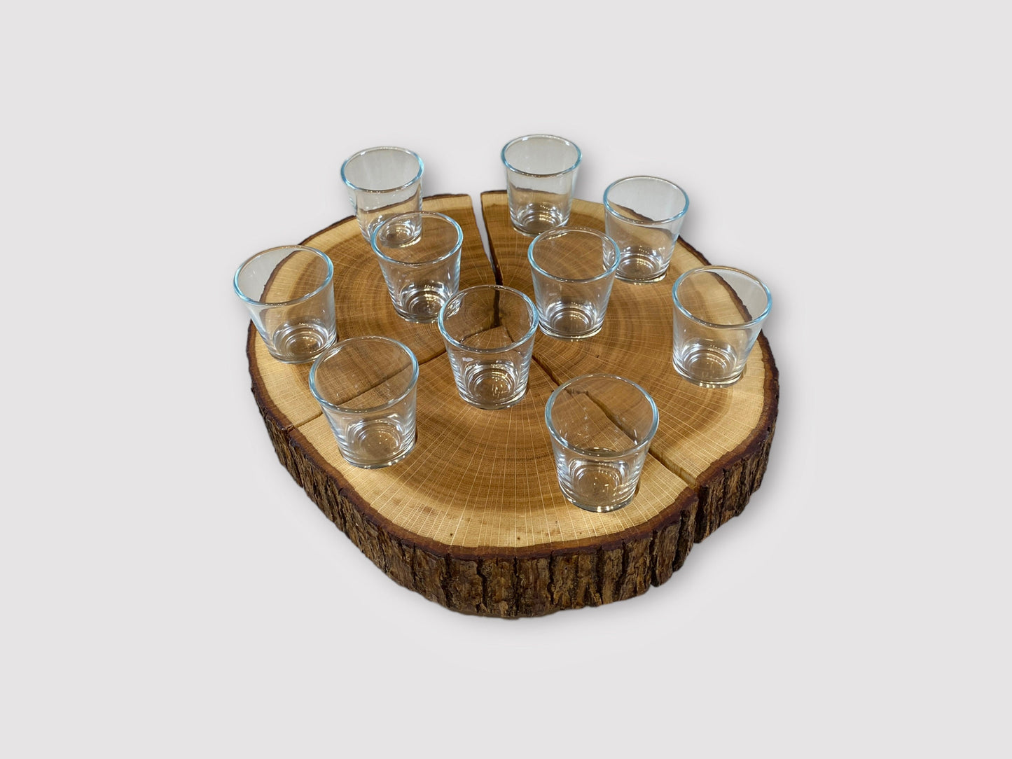 Baumscheibe Schnapsroulette Drehteller Eiche Holzbrett Shotgläser Gläser Männergeschenk Trinkspiel Schnapsglas Schnapsbrett
