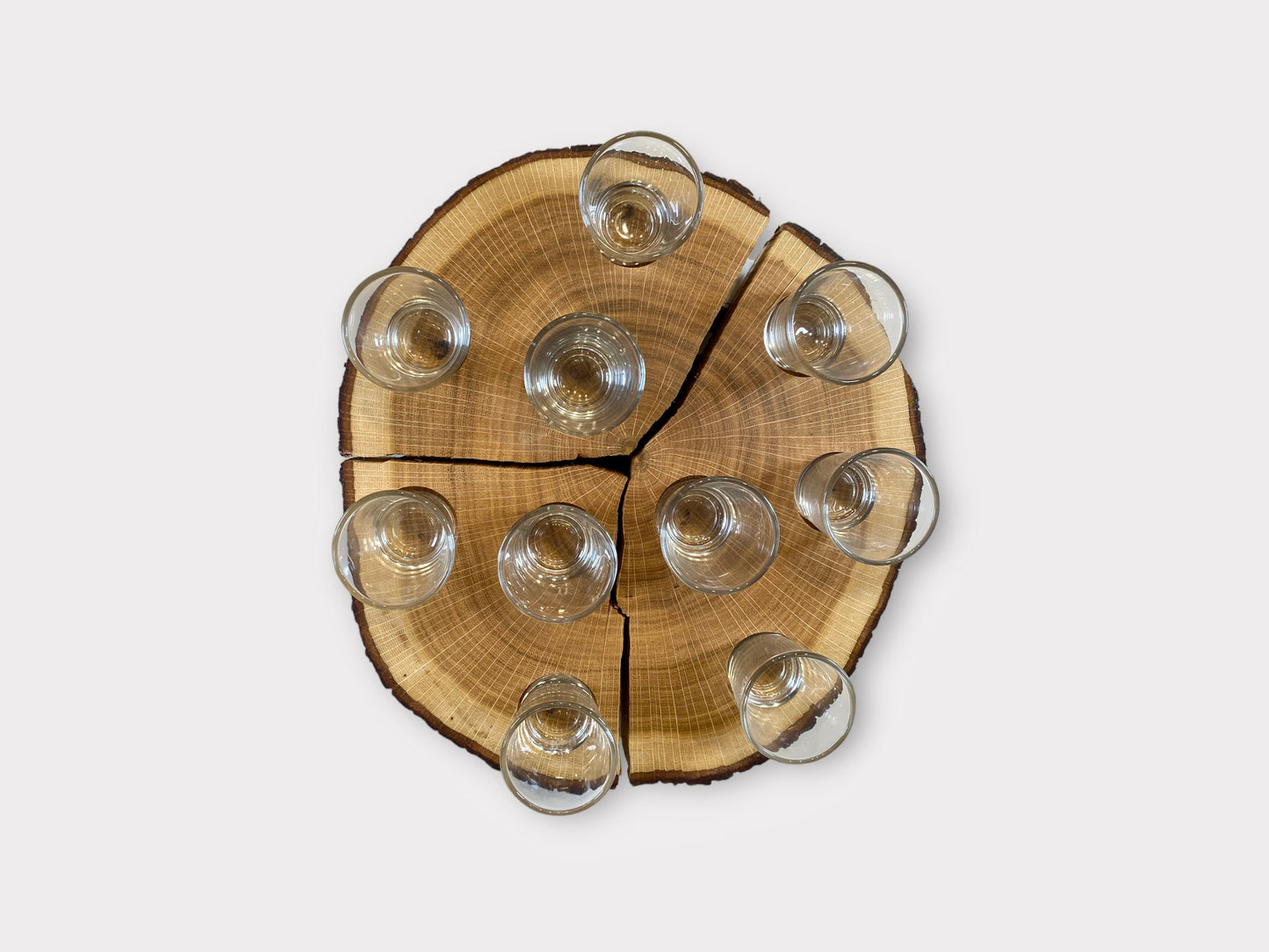 Baumscheibe Schnapsroulette Drehteller Eiche Holzbrett Shotgläser Gläser Männergeschenk Trinkspiel Schnapsglas Schnapsbrett