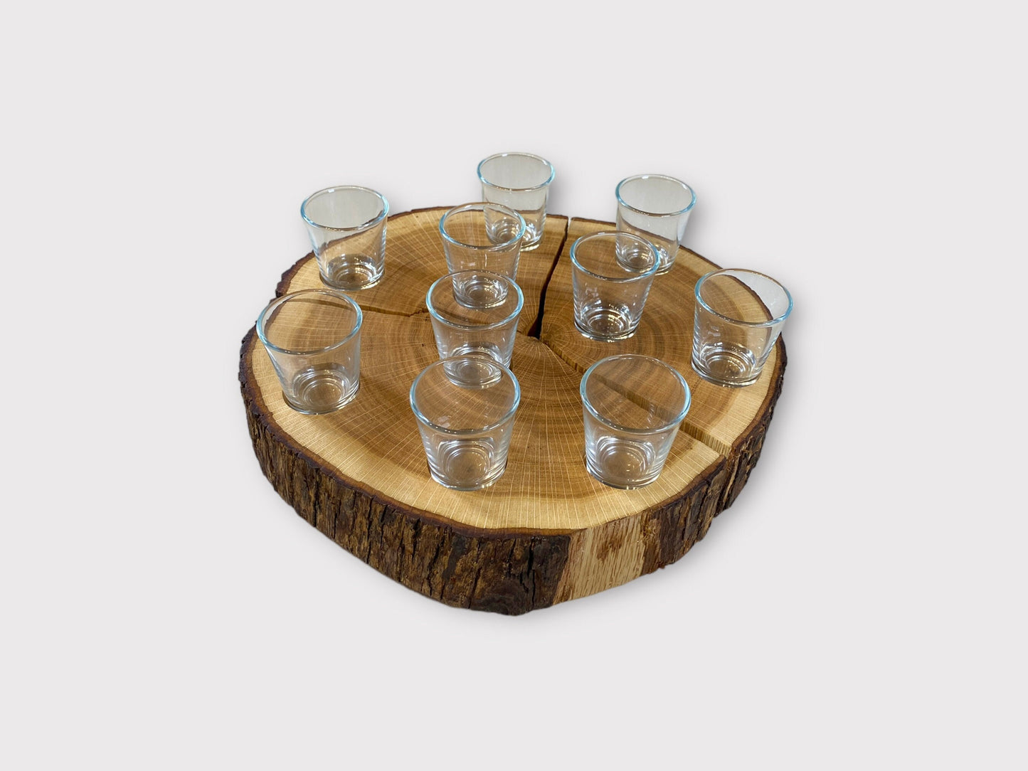 Baumscheibe Schnapsroulette Drehteller Eiche Holzbrett Shotgläser Gläser Männergeschenk Trinkspiel Schnapsglas Schnapsbrett