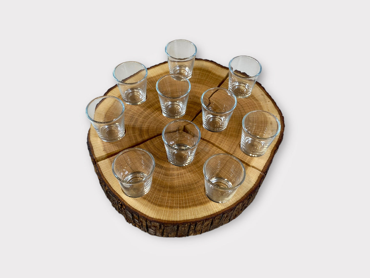 Baumscheibe Schnapsroulette Drehteller Eiche Holzbrett Shotgläser Gläser Männergeschenk Trinkspiel Schnapsglas Schnapsbrett