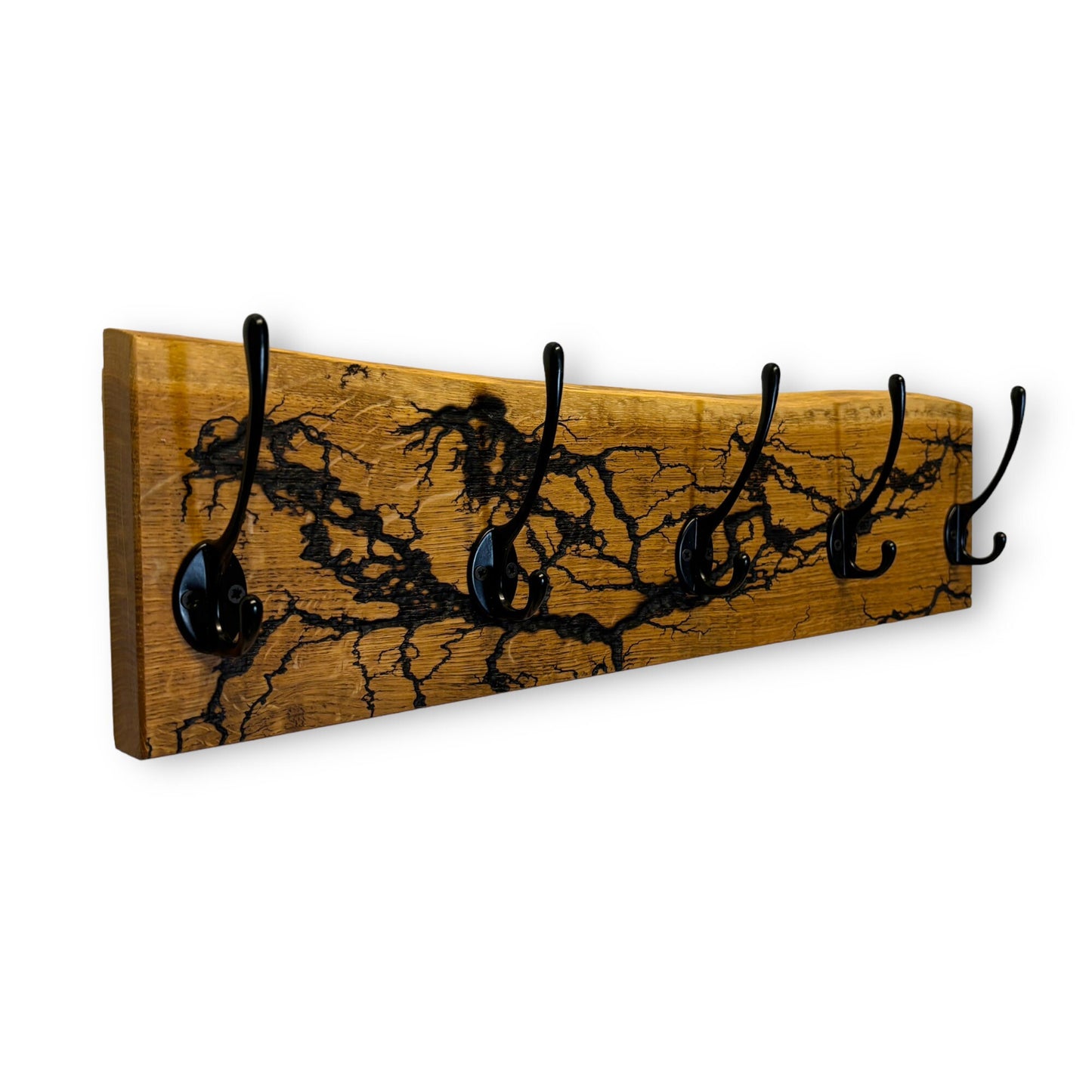 Rustikale Eichenholz-Wandgarderobe mit Lichtenberg-Figuren – Handgefertigter Vintage-Stil mit Haken in Antikoptik Garderobenpaneel