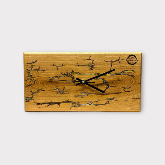 Dekorative Holzuhr Eiche mit eingebrannten Lichtenbergfiguren und Epoxidharz | Wanduhr modernes zeitloses Design Wallclock Wood