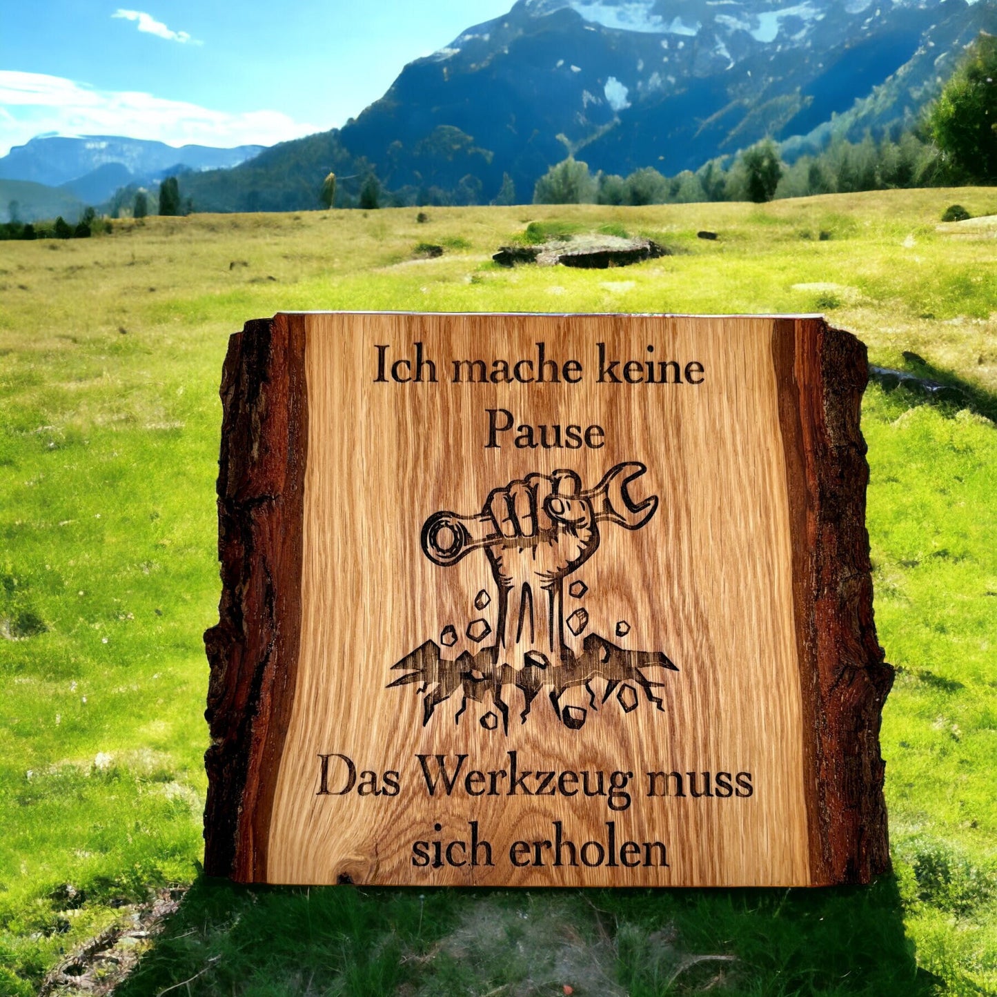 Rustikales Holzschild mit Baumkante und Lasergravur Männergeschenk Vatertag Handwerker lustiger Spruch Massivholz Werkstatt Schild Witzig